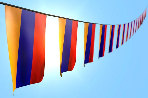 Bastante muchas banderas de Armenia o pancartas cuelga diagonal en la cuerda en el fondo azul cielo con bokeh - cualquier ocasión bandera 3d ilustración — Foto de Stock