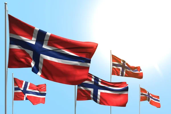 Bonito 5 banderas de Noruega están ondeando sobre el fondo del cielo azul - cualquier fiesta bandera 3d ilustración —  Fotos de Stock