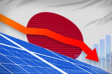 Japonya güneş enerjisi gücü indirme grafik, ok aşağı - yenilenebilir doğal enerji endüstriyel illüstrasyon. 3d İllüstrasyon