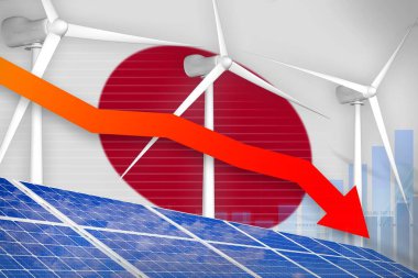 Japonya güneş ve rüzgar enerjisi indirme grafik, ok aşağı - alternatif doğal enerji endüstriyel illüstrasyon. 3d İllüstrasyon