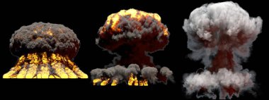 3d patlama illüstrasyon - 3 büyük farklı aşamaları siyah arka plan üzerinde izole duman ve alev ile nükleer bomba bomba yangın mantar bulut patlama