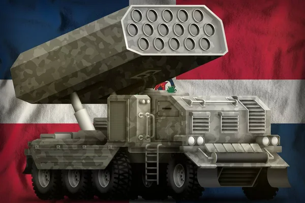 Rocket artillery, missile launcher with grey camouflage on the Dominican Republic national flag background. 3d Illustration — Stock Photo, Image