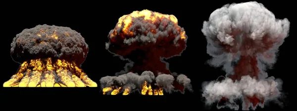 3D иллюстрация взрыва - 3 большие различные фазы взрыва грибной облако ядерная бомба с дымом и пламя изолированы на черном фоне — стоковое фото