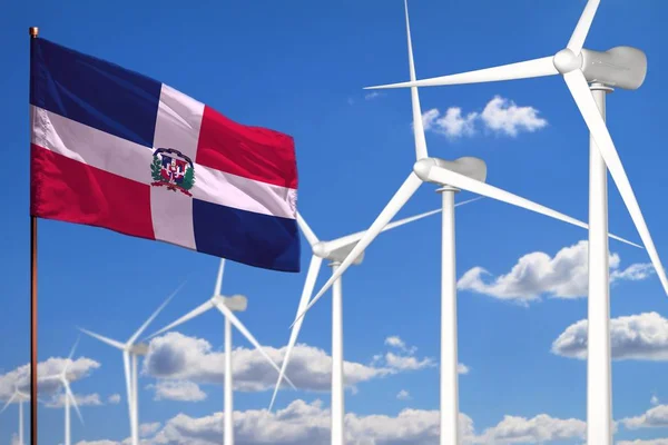 Домініканська Республіка Альтернативна енергетика, вітроенергетична промислова концепція з вітряками та прапором промислової ілюстрації-відновлювальна Альтернативна енергетика, 3D ілюстрація — стокове фото