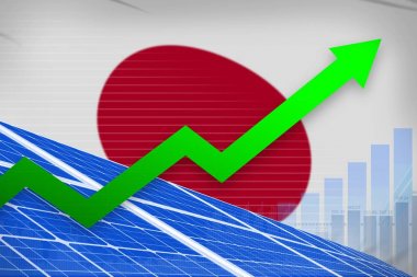 Japonya güneş enerjisi enerjisi yükselen grafik, ok yukarı - alternatif doğal enerji endüstriyel illüstrasyon. 3d İllüstrasyon
