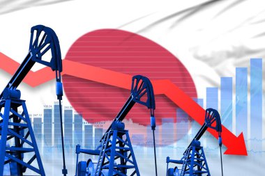 Japonya bayrak arka plan üzerinde düşen grafik düşürücü, düşen grafik - Japonya petrol endüstrisi veya pazar kavramının endüstriyel illüstrasyon. 3d İllüstrasyon
