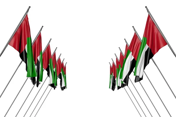 Bonito muchos Emiratos Árabes Unidos banderas colgando en postes diagonales de izquierda y derecha aislados en blanco - cualquier celebración bandera 3d ilustración —  Fotos de Stock