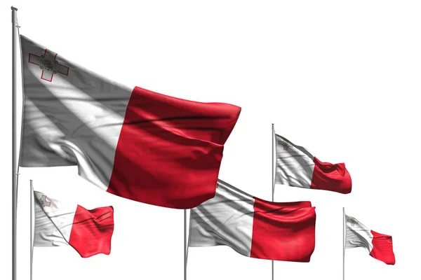Lindo cinco banderas de Malta ondean aislados en blanco - cualquier ocasión bandera 3d ilustración —  Fotos de Stock