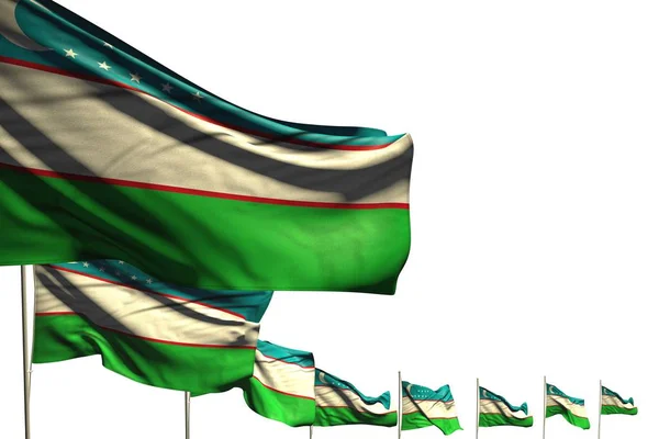 Nice många Uzbekistan flaggor placerade diagonalen isolerade på vitt med plats för text-alla firande flagga 3D-illustration — Stockfoto