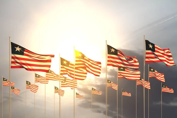 beautiful many Liberia flags in a row on sunset with free space for your content - any occasion flag 3d illustration
