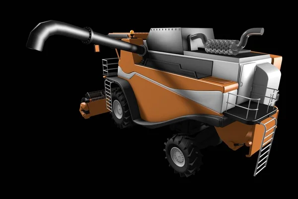 Ipari 3D illusztrálja nagy CG narancs gazdaság kombájnok a gabona cső kihelyezett hátsó kilátással izolált fekete — Stock Fotó