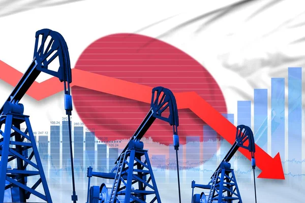 Japonya bayrak arka plan üzerinde düşen grafik düşürücü, düşen grafik - Japonya petrol endüstrisi veya pazar kavramının endüstriyel illüstrasyon. 3d İllüstrasyon