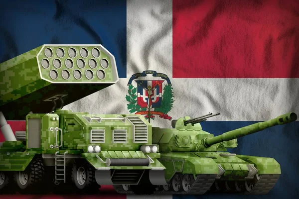 Dominican Republic heavy military armored vehicles concept on the national flag background. 3d Illustration