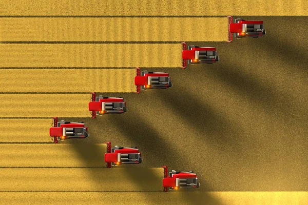 Industriální 3D ilustrace mnoha rudých venkovských sklízáků pracujících na velkém pohledu z pšenice ve stylu bzukot — Stock fotografie