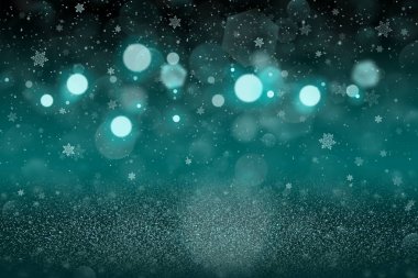 Açık mavi oldukça parlak glitter ışıkları düşen kar gevreği sinek ile bokeh soyut arka plan defokus, içerik için boş alan ile festival mockup doku