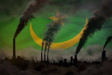 Küresel ısınma kavramı - metin için alan ile Moritanya bayrak arka plan fabrika bacaları gelen ağır duman - endüstriyel 3d illüstrasyon