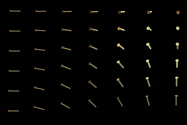 Große Menge gelber, goldener Schrauben, die von verschiedenen Winkeln auf Schwarz isoliert rotiert werden - kreative industrielle 3D-Illustration, Bild für jede Verwendung — Stockfoto