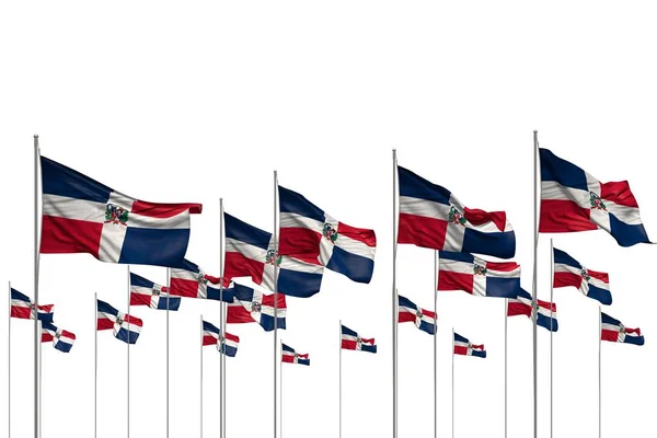 Maravillosas muchas banderas de República Dominicana en una fila aislada en blanco con lugar vacío para su contenido - cualquier ilustración 3d bandera de vacaciones — Foto de Stock