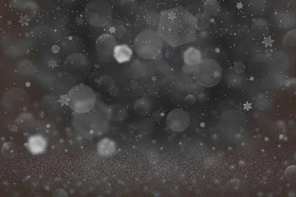 Όμορφα λαμπρά φώτα λάμψη αποεπικεντρώθηκε bokeh αφηρημένο φόντο και πτώση νιφάδες χιονιού πετούν, μαματικές υφή γιορτή με κενό χώρο για το περιεχόμενό σας — Φωτογραφία Αρχείου