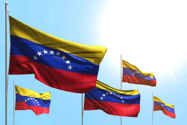 Bonito 5 banderas de Venezuela son ola sobre fondo azul cielo - cualquier celebración bandera 3d ilustración — Foto de Stock