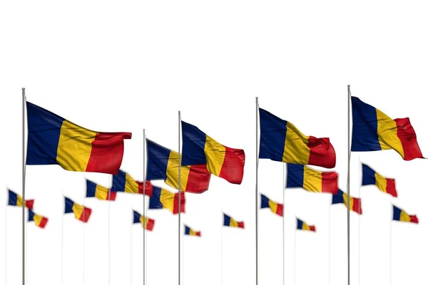 Banderas aisladas lindo Rumania colocados en fila con enfoque selectivo y espacio para el contenido - cualquier ilustración 3d bandera de vacaciones — Foto de Stock