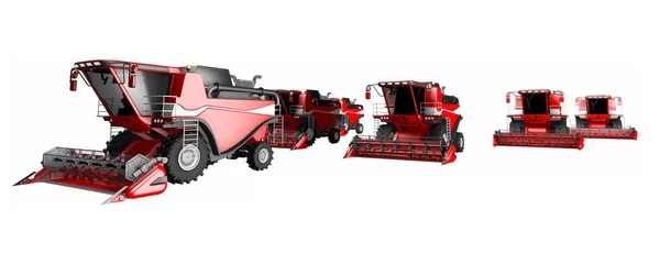 A lot of red rural harvesters isolated on white background - farm machine, industrial 3D illustration — Stock Photo, Image