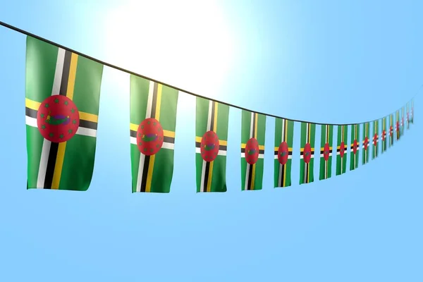 Maravilloso muchas banderas de Dominica o pancartas cuelga diagonal en la cadena en el fondo del cielo azul con bokeh - cualquier celebración bandera 3d ilustración — Foto de Stock