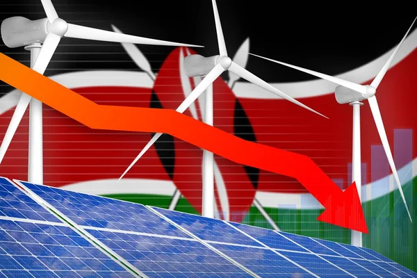 Kenya solar and wind energy lowering chart, arrow down - green natural energy industrial illustration. 3D Illustration