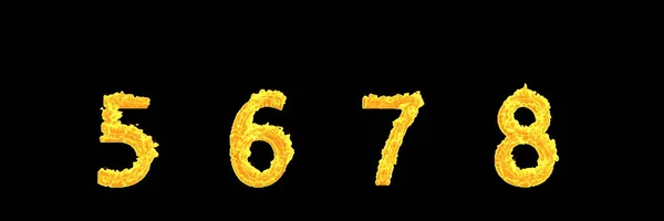 Ilustração 3D criativa de símbolos - números 5 6 7 8 de alfabeto de fogo brilhante isolado em fundo preto — Fotografia de Stock