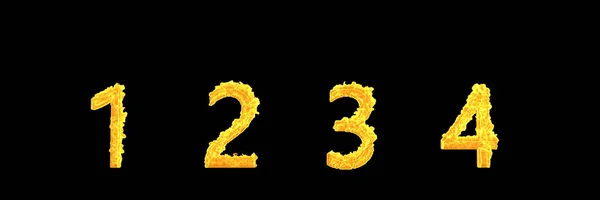 Números 1 2 3 4 do alfabeto infernal fogo isolado sobre fundo preto - ilustração 3D criativa de símbolos — Fotografia de Stock