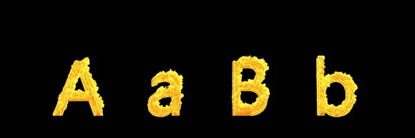 Κεφαλαίο (κεφαλαία) και πεζά γράμματα A και B του αλφαβήτου καψίματος που απομονώνεται σε μαύρο φόντο-δημιουργική 3D απεικόνιση συμβόλων — Φωτογραφία Αρχείου