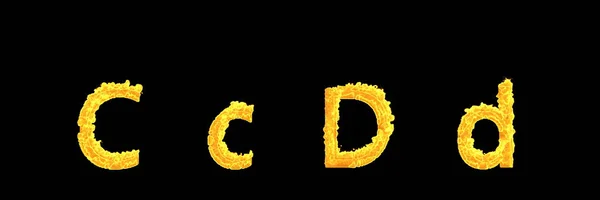Desenho ilustração 3D de símbolos - maiúsculas (maiúsculas) e minúsculas letras C e D de fogo ardente alfabeto isolado em fundo preto — Fotografia de Stock