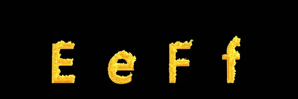 Maiúsculas (maiúsculas) e minúsculas letras E e F do alfabeto fogo queima densa isolado em fundo preto - desenho ilustração 3D de símbolos — Fotografia de Stock