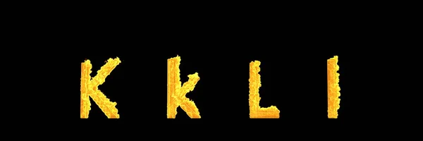 Κεφαλαίο (κεφαλαία) και πεζά γράμματα K και L της πυκνής μαύρης αλφαβήτου φωτιά απομονώνονται σε μαύρο φόντο-Σχεδιασμός 3D απεικόνιση των συμβόλων — Φωτογραφία Αρχείου