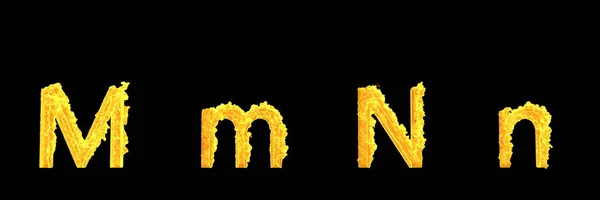 Design 3D-Illustration von Symbolen - Groß- und Kleinbuchstaben m und n des brennenden Feuer-Alphabets isoliert auf schwarzem Hintergrund — Stockfoto