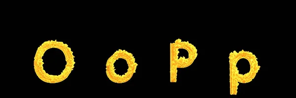 Maiúsculas (maiúsculas) e minúsculas letras O e P do alfabeto infernal fogo isolado em fundo preto - ilustração 3D criativa de símbolos — Fotografia de Stock