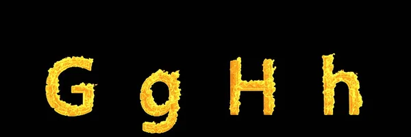 Maiúsculas (maiúsculas) e minúsculas letras G e H do alfabeto de fogo brilhante isolado em fundo preto - ilustração 3D criativa de símbolos — Fotografia de Stock
