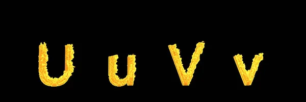Ilustração 3D criativa de símbolos - capital (maiúsculas) e letras minúsculas U e V de alfabeto de fogo ardente denso isolado em fundo preto — Fotografia de Stock