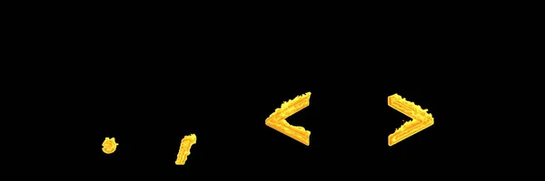 Illustrazione creativa 3D di simboli - punto (punto fermo) virgola e più o meno segni di denso fuoco bruciante alfabeto isolato su sfondo nero — Foto Stock