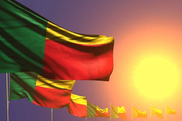 Cute wiele flag Benin umieszczone przekątnej na zachodzie słońca z miejsca na tekst-dowolna okazja flaga ilustracji 3D — Zdjęcie stockowe