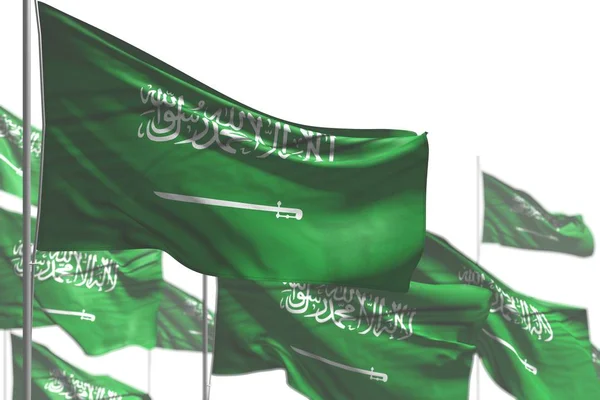 Schön viele saudi-arabische Flaggen werden isoliert auf weiß geschwenkt - Bild mit weichem Fokus - jede Gelegenheit Flagge 3d Illustration — Stockfoto