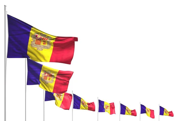 Beaux drapeaux Andorre nombreux placés en diagonale isolé sur blanc avec de l'espace pour votre texte - n'importe quel drapeau de célébration illustration 3D — Photo