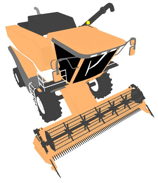 Ilustración industrial 3D de dibujos animados modelo 3D de trigo naranja cosechadora agrícola con tubo de cosecha en blanco, clip art para la producción de alimentos —  Fotos de Stock