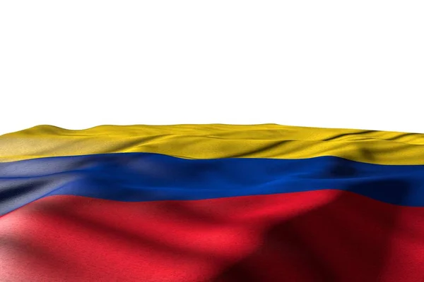 Hermosa imagen de maqueta de la bandera de Colombia acostado plano con vista de perspectiva aislado en blanco con espacio para el texto - cualquier ilustración 3d bandera de vacaciones —  Fotos de Stock