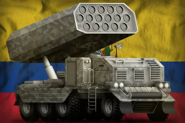 Πυροβολικό πυραύλων, εκτοξευτή πυραύλων με γκρι καμουφλάζ στο φόντο της εθνικής σημαίας του Ισημερινού. Εικονογράφηση 3D — Φωτογραφία Αρχείου