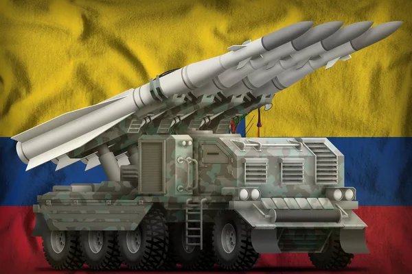 Тактичні короткий діапазон балістичної ракети з арктичною камуфляж на тлі Еквадору Національний прапор. 3D-ілюстрація — стокове фото