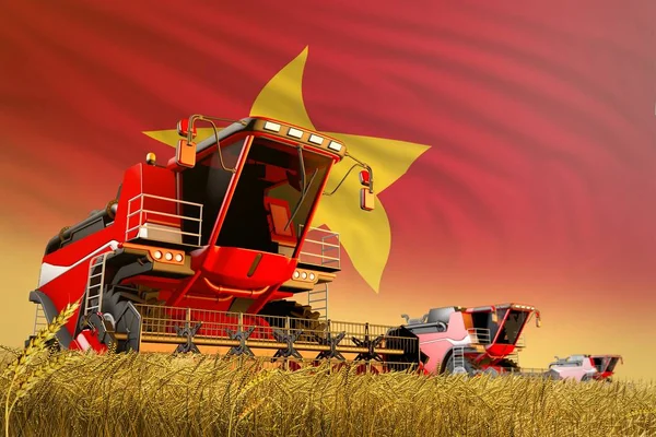 Landwirtschaftlicher Mähdrescher bei der Arbeit auf einem Getreidefeld mit vietnamesischem Flaggenhintergrund, Konzept zur Nahrungsmittelproduktion - industrielle 3D-Illustration — Stockfoto
