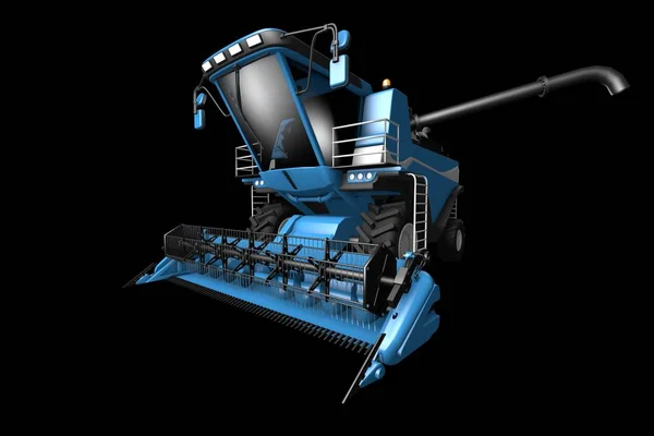 Industrielle 3D-Illustration eines riesigen gerenderten blauen Roggen-Erntewagens mit Getreiderohr isolierte Frontansicht auf schwarz — Stockfoto