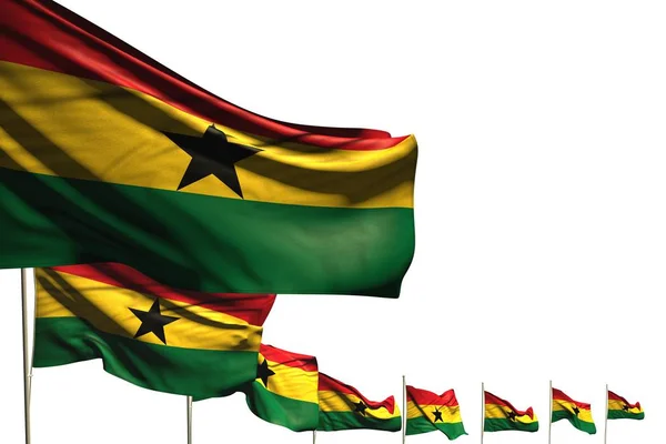 Beau de nombreux drapeaux du Ghana placés en diagonale isolé sur blanc avec de l'espace pour le texte - tout drapeau de célébration illustration 3D — Photo
