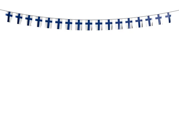 Merveilleux de nombreux drapeaux de Finlande ou des bannières suspendues à une corde isolée sur blanc - tout drapeau de vacances illustration 3D — Photo